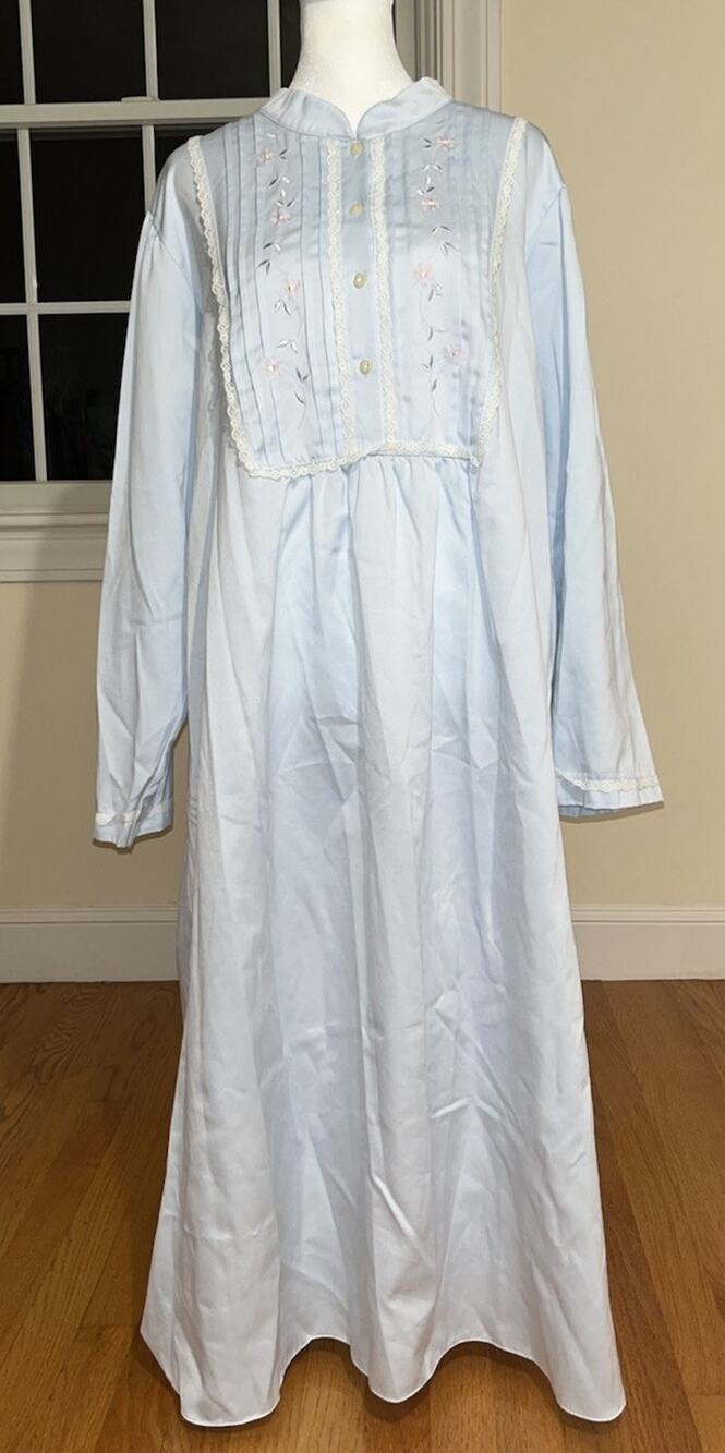 Vintage Barbizon Light Blue Nightgown Button Front, High Neck, Long Sleeve, XL